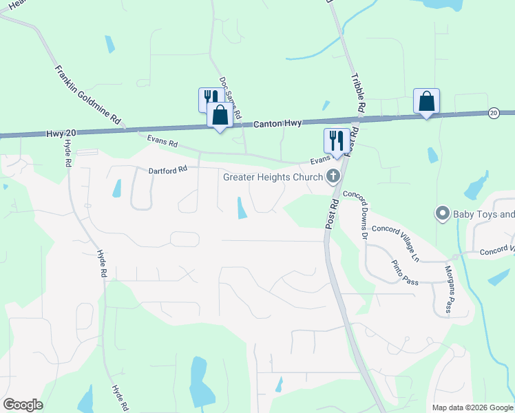 map of restaurants, bars, coffee shops, grocery stores, and more near 4650 Idlewood Drive in Cumming