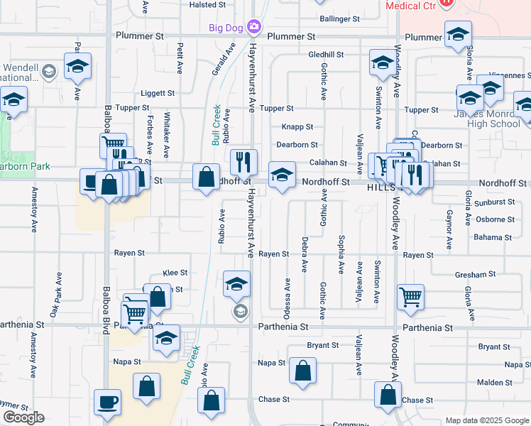 map of restaurants, bars, coffee shops, grocery stores, and more near 9007 Monogram Avenue in Los Angeles