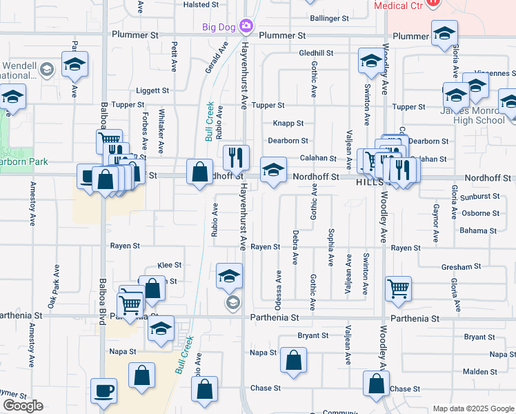 map of restaurants, bars, coffee shops, grocery stores, and more near 9007 Monogram Avenue in Los Angeles