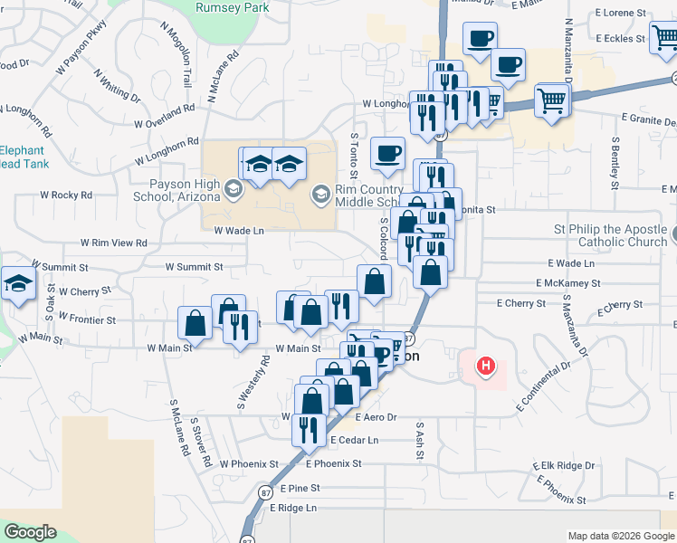 map of restaurants, bars, coffee shops, grocery stores, and more near 309-405 West Summit Street in Payson