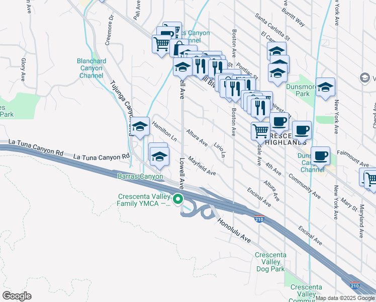 map of restaurants, bars, coffee shops, grocery stores, and more near 4206 Lowell Avenue in Glendale