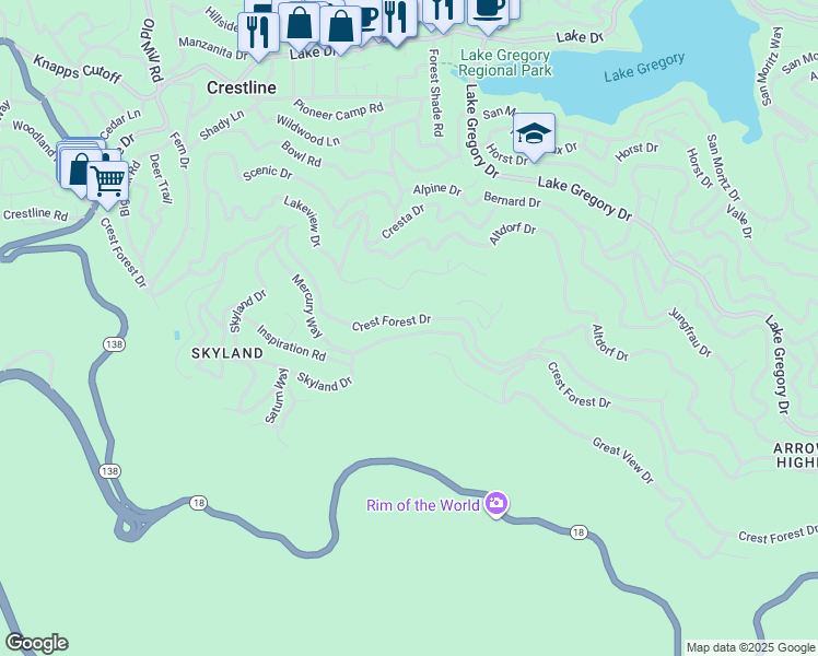 map of restaurants, bars, coffee shops, grocery stores, and more near 24044 Skyland Drive in Crestline