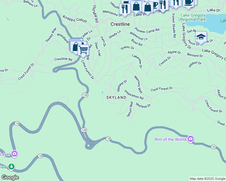 map of restaurants, bars, coffee shops, grocery stores, and more near 1036 Venus Way in Crestline