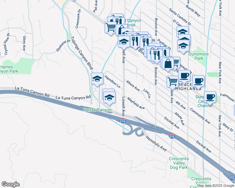 map of restaurants, bars, coffee shops, grocery stores, and more near Mayfield Avenue in La Crescenta-Montrose
