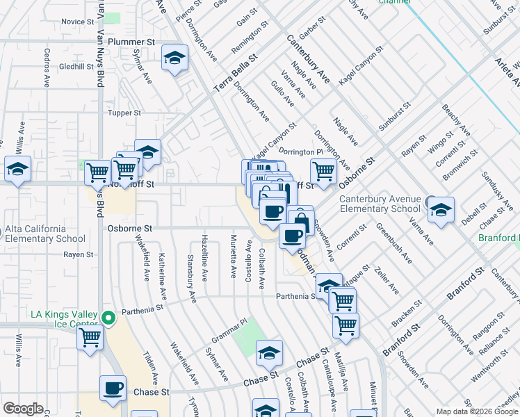 map of restaurants, bars, coffee shops, grocery stores, and more near 9057 Woodman Avenue in Los Angeles