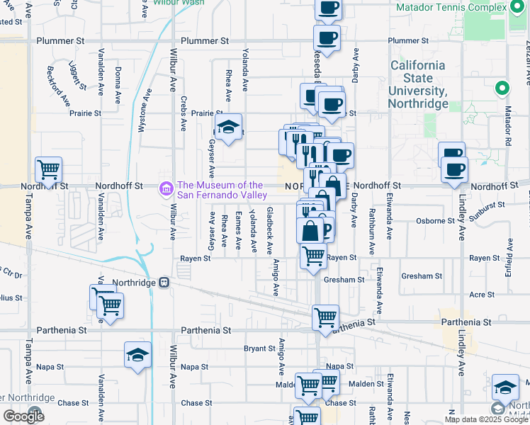 map of restaurants, bars, coffee shops, grocery stores, and more near 18628 Sunburst Street in Los Angeles