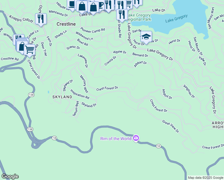 map of restaurants, bars, coffee shops, grocery stores, and more near 24044 Skyland Drive in Crestline