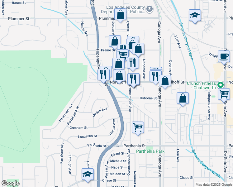 map of restaurants, bars, coffee shops, grocery stores, and more near 9012 Topanga Canyon Boulevard in Los Angeles