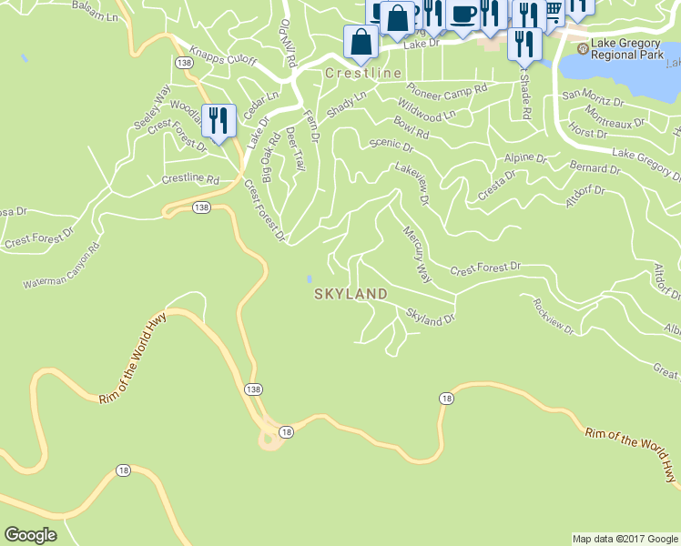 map of restaurants, bars, coffee shops, grocery stores, and more near 1036 Venus Way in Crestline