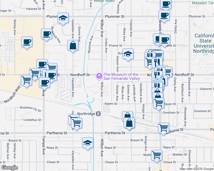 map of restaurants, bars, coffee shops, grocery stores, and more near 9010 Wilbur Avenue in Los Angeles