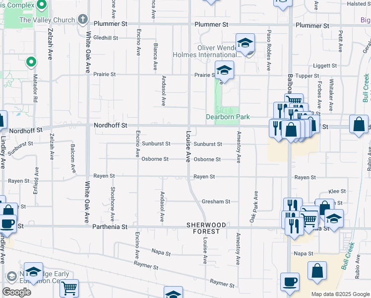 map of restaurants, bars, coffee shops, grocery stores, and more near 17300 Sunburst Street in Los Angeles