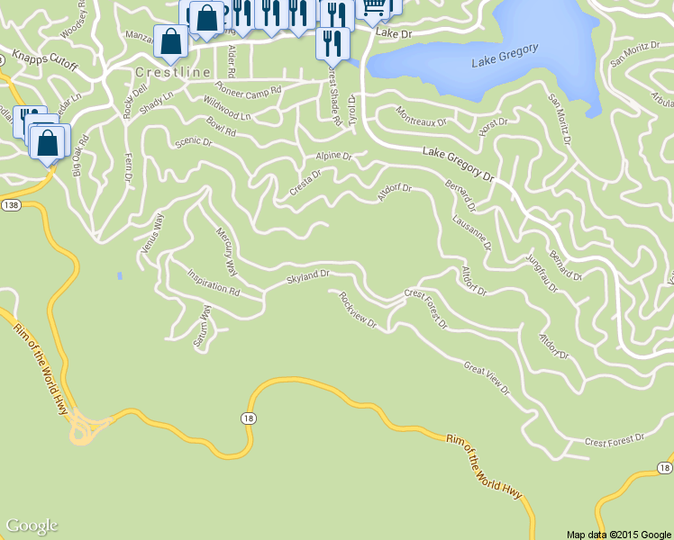 map of restaurants, bars, coffee shops, grocery stores, and more near 24098 Skyland Drive in Crestline