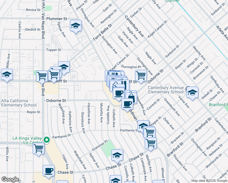 map of restaurants, bars, coffee shops, grocery stores, and more near 9057 Woodman Avenue in Los Angeles