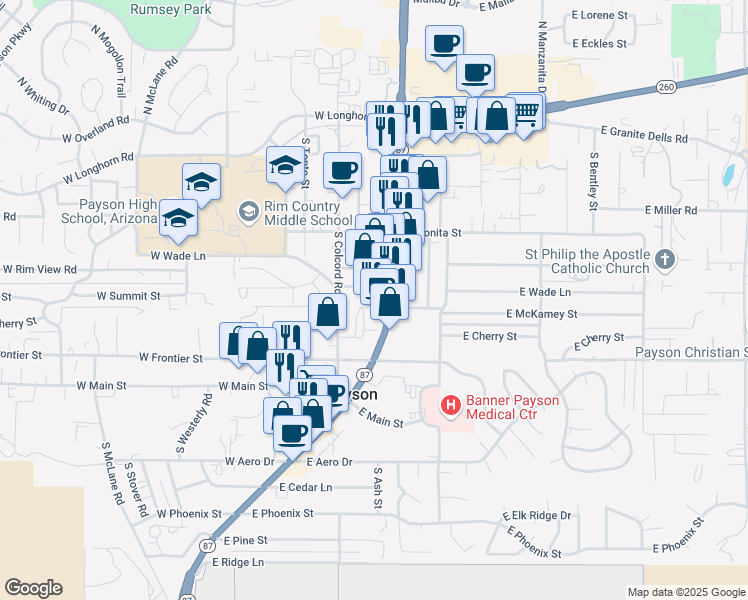 map of restaurants, bars, coffee shops, grocery stores, and more near 109-151 West Wade Lane in Payson