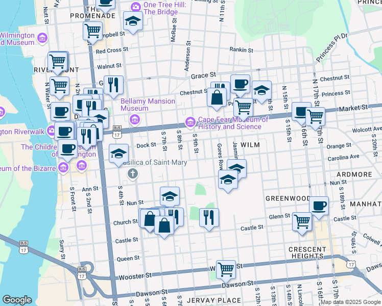 map of restaurants, bars, coffee shops, grocery stores, and more near 117 Saint James Street in Wilmington