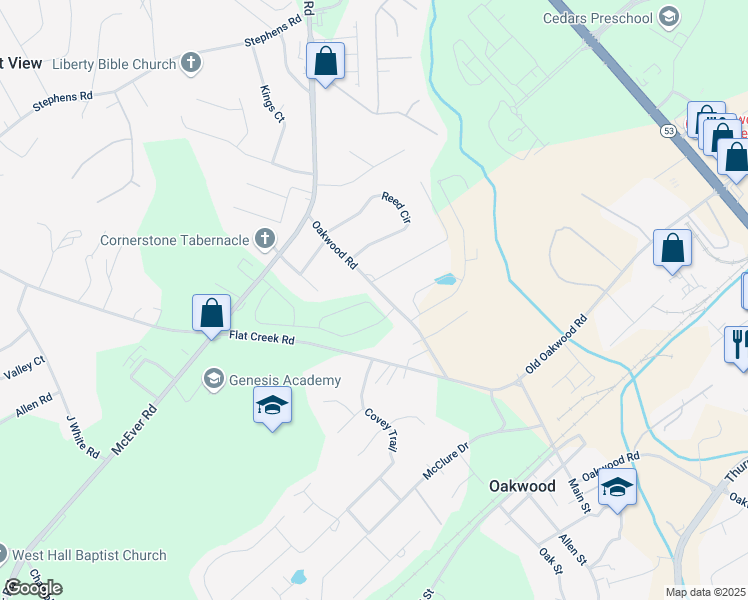 map of restaurants, bars, coffee shops, grocery stores, and more near 5385 Fox Hill Lane in Oakwood