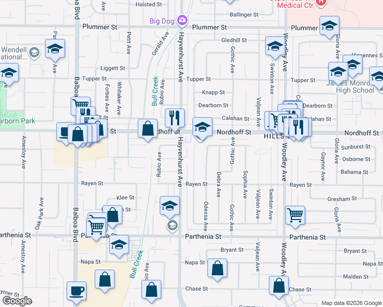 map of restaurants, bars, coffee shops, grocery stores, and more near 9009 Monogram Avenue in Los Angeles