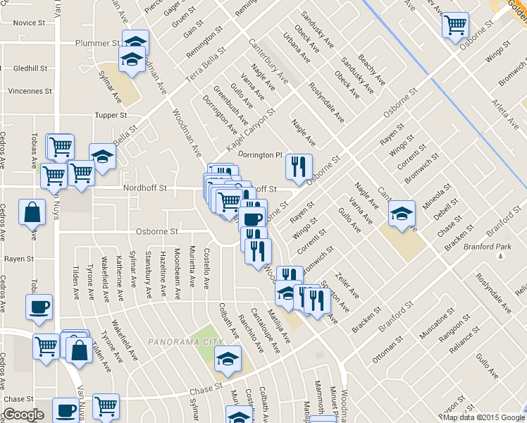map of restaurants, bars, coffee shops, grocery stores, and more near 13929 Osborne Street in Los Angeles