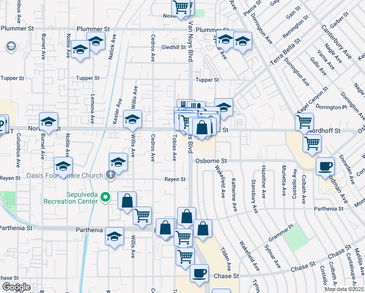 map of restaurants, bars, coffee shops, grocery stores, and more near 9053 Van Nuys Boulevard in Los Angeles
