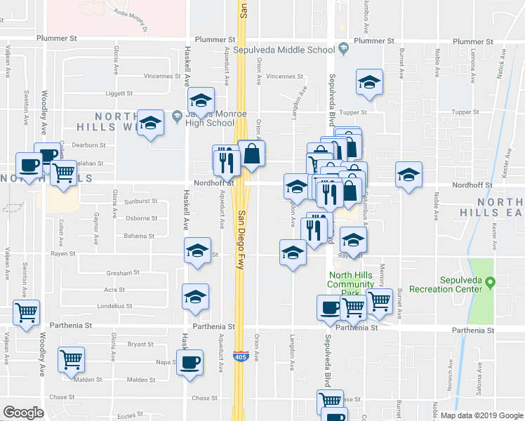 map of restaurants, bars, coffee shops, grocery stores, and more near 9034 Orion Avenue in Los Angeles