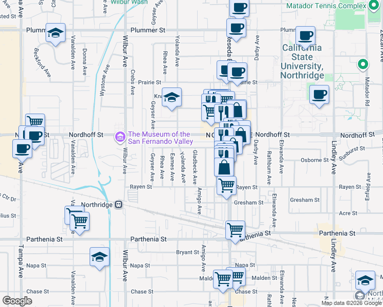 map of restaurants, bars, coffee shops, grocery stores, and more near 18628 Sunburst Street in Los Angeles