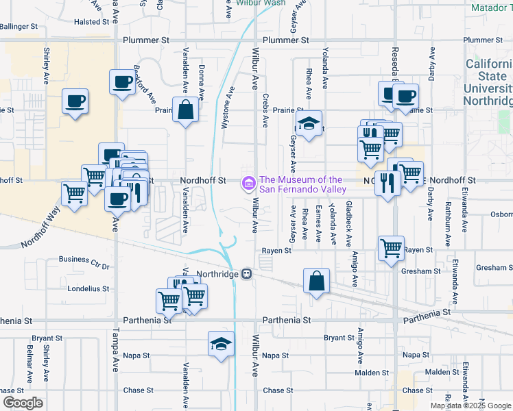 map of restaurants, bars, coffee shops, grocery stores, and more near 9051 Wilbur Avenue in Los Angeles