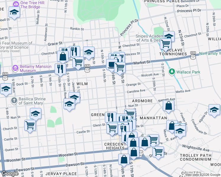 map of restaurants, bars, coffee shops, grocery stores, and more near 1507 Orange Street in Wilmington