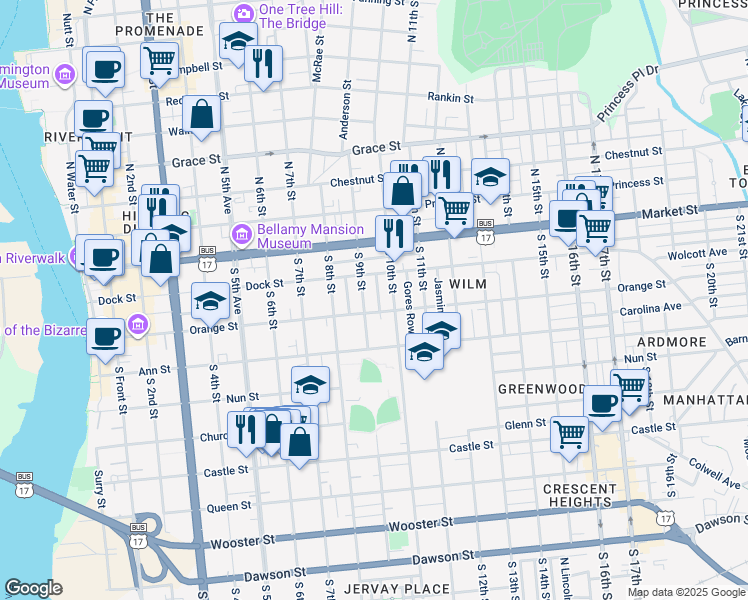 map of restaurants, bars, coffee shops, grocery stores, and more near 124 Magnolia Street in Wilmington
