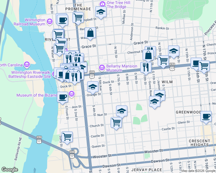 map of restaurants, bars, coffee shops, grocery stores, and more near 604 Dock Street in Wilmington