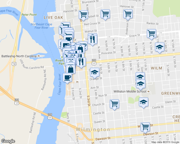 map of restaurants, bars, coffee shops, grocery stores, and more near 103 South 4th Street in Wilmington