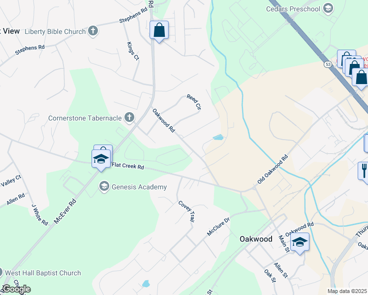 map of restaurants, bars, coffee shops, grocery stores, and more near 5385 Fox Hill Lane in Oakwood