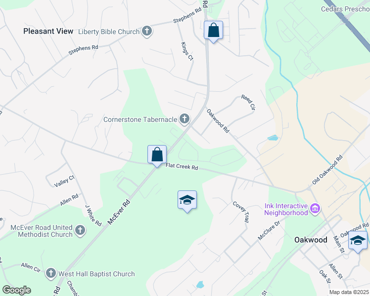 map of restaurants, bars, coffee shops, grocery stores, and more near 5025 McEver Road in Oakwood