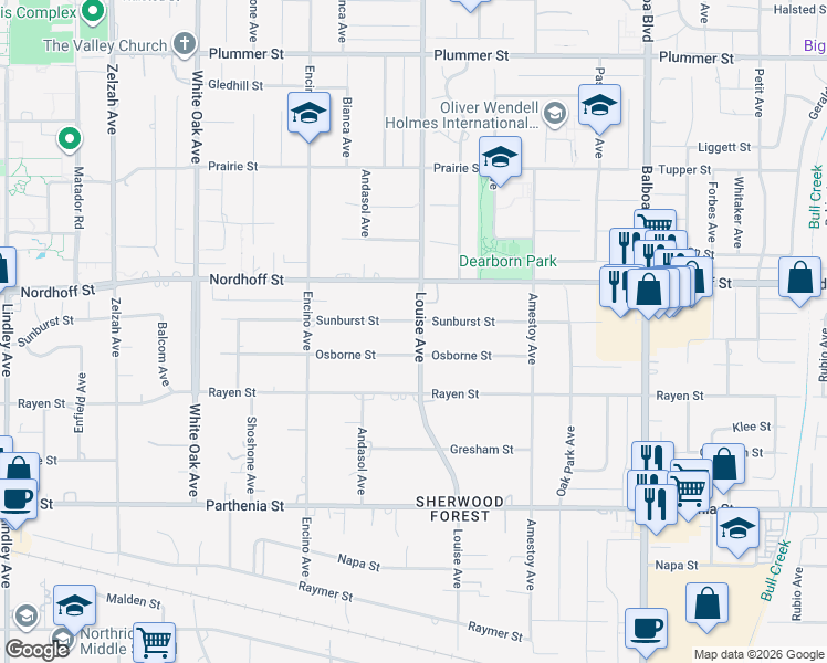 map of restaurants, bars, coffee shops, grocery stores, and more near 17300 Sunburst Street in Los Angeles