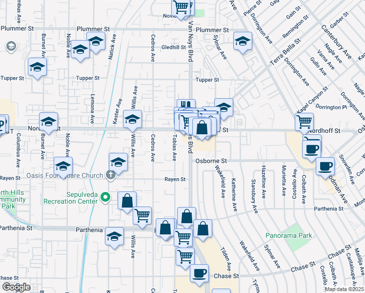 map of restaurants, bars, coffee shops, grocery stores, and more near 9039 Van Nuys Boulevard in Los Angeles