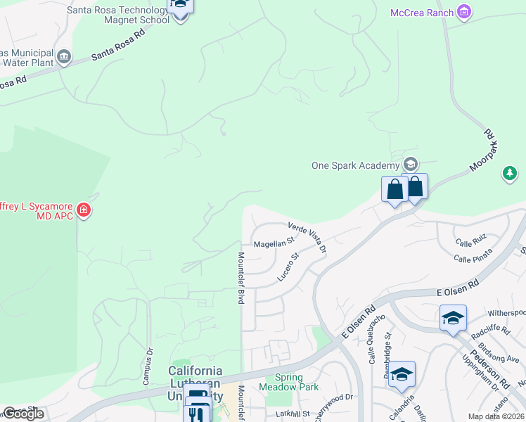 map of restaurants, bars, coffee shops, grocery stores, and more near 3952 Bucklin Place in Thousand Oaks