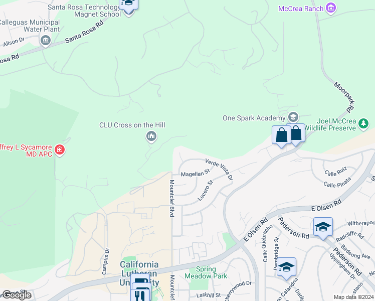 map of restaurants, bars, coffee shops, grocery stores, and more near 3952 Bucklin Place in Thousand Oaks