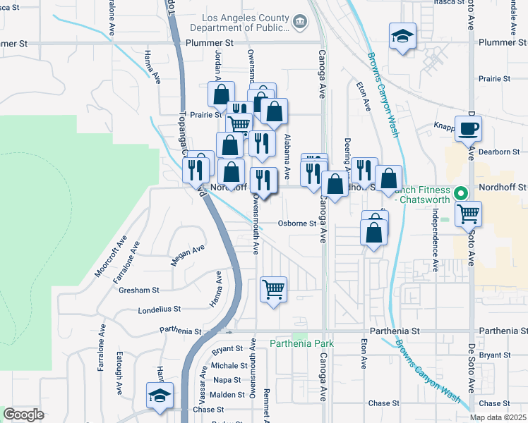 map of restaurants, bars, coffee shops, grocery stores, and more near 9016 Owensmouth Avenue in Los Angeles