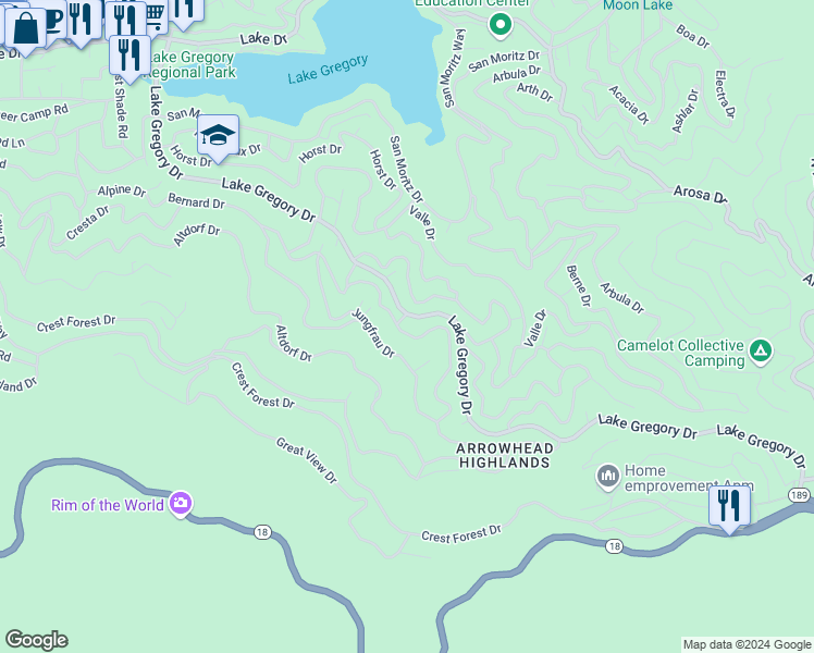 map of restaurants, bars, coffee shops, grocery stores, and more near 24580 Bernard Drive in Crestline