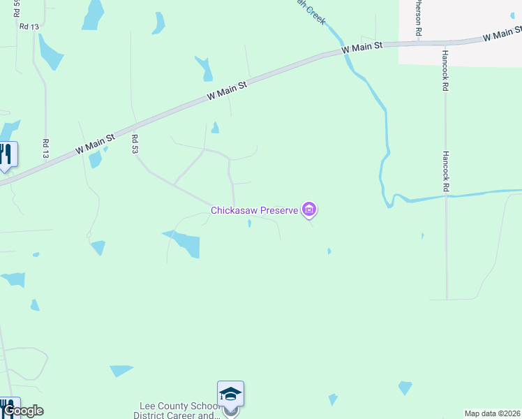 map of restaurants, bars, coffee shops, grocery stores, and more near 288 Road 53 in Tupelo