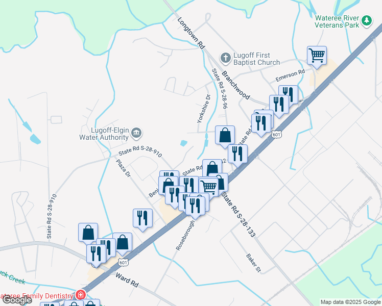 map of restaurants, bars, coffee shops, grocery stores, and more near 40 State Road S-28-910 in Lugoff