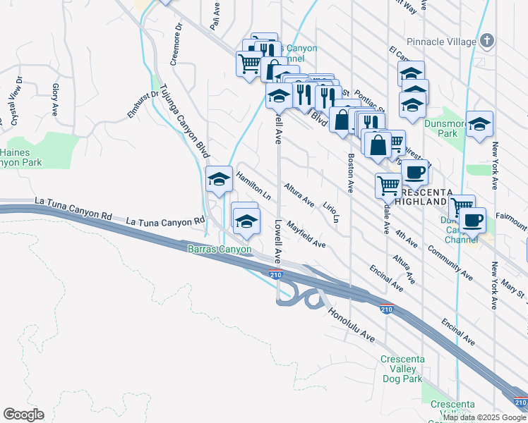 map of restaurants, bars, coffee shops, grocery stores, and more near 6206 Mayfield Avenue in Glendale