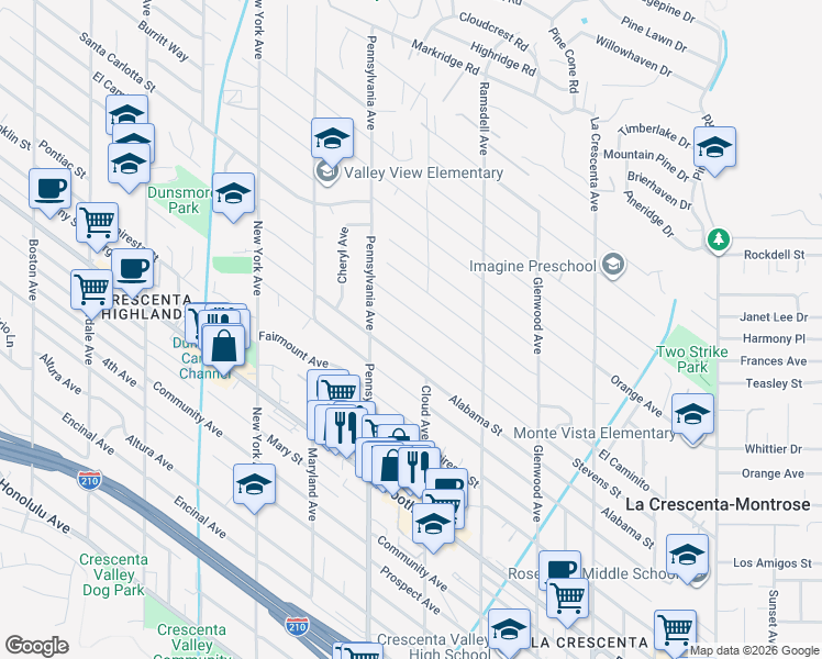 map of restaurants, bars, coffee shops, grocery stores, and more near 3100 El Caminito in La Crescenta-Montrose