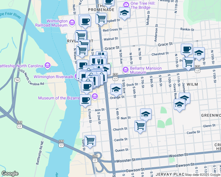 map of restaurants, bars, coffee shops, grocery stores, and more near 308 Dock Street in Wilmington