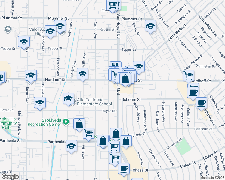 map of restaurants, bars, coffee shops, grocery stores, and more near 9039 Van Nuys Boulevard in Los Angeles
