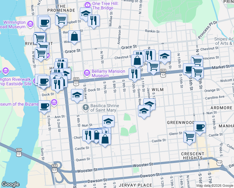 map of restaurants, bars, coffee shops, grocery stores, and more near 117 South 8th Street in Wilmington