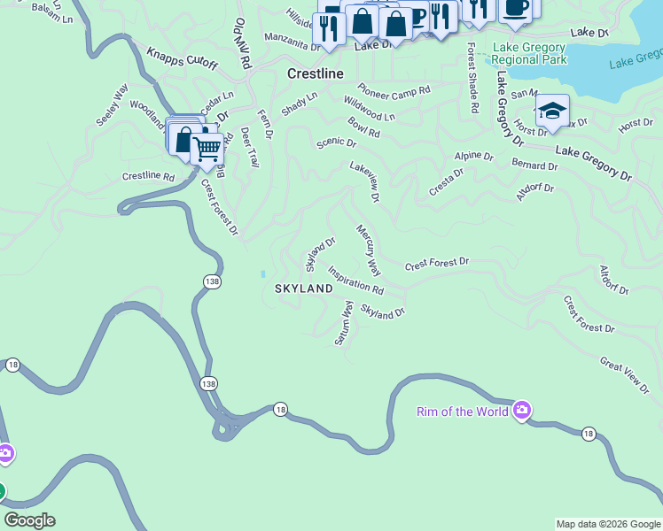 map of restaurants, bars, coffee shops, grocery stores, and more near 23784 Inspiration Road in Crestline