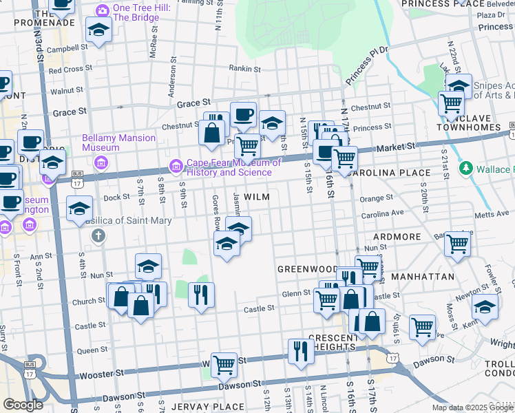 map of restaurants, bars, coffee shops, grocery stores, and more near 1209 Orange Street in Wilmington