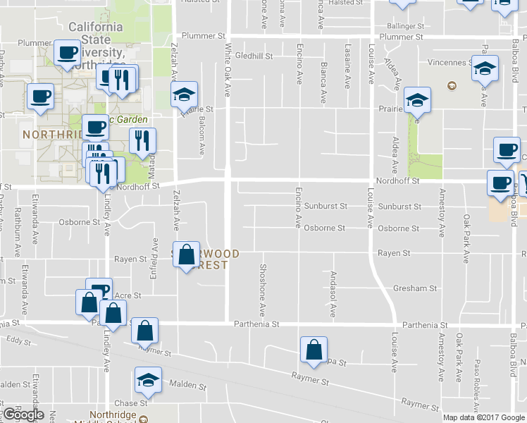 map of restaurants, bars, coffee shops, grocery stores, and more near 17600 Sunburst Street in Los Angeles