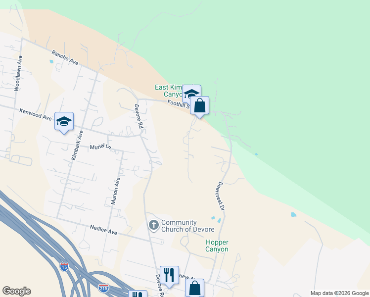 map of restaurants, bars, coffee shops, grocery stores, and more near 1050 Knoll Street in San Bernardino