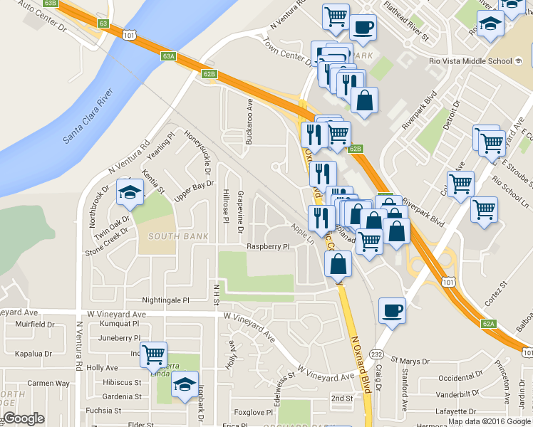 map of restaurants, bars, coffee shops, grocery stores, and more near Dogwood Drive in Oxnard